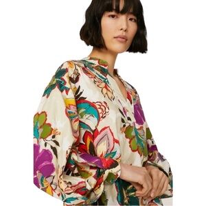 Natori floral print silk blend oversized blouse. Sz XL EUC